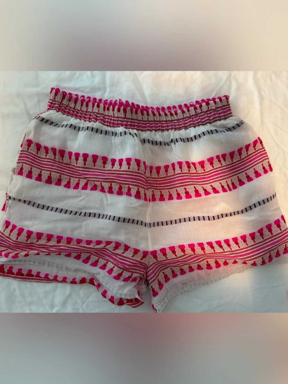 Women’s White & Pink Smocked Tassel Crop Top and Matching Shorts Set